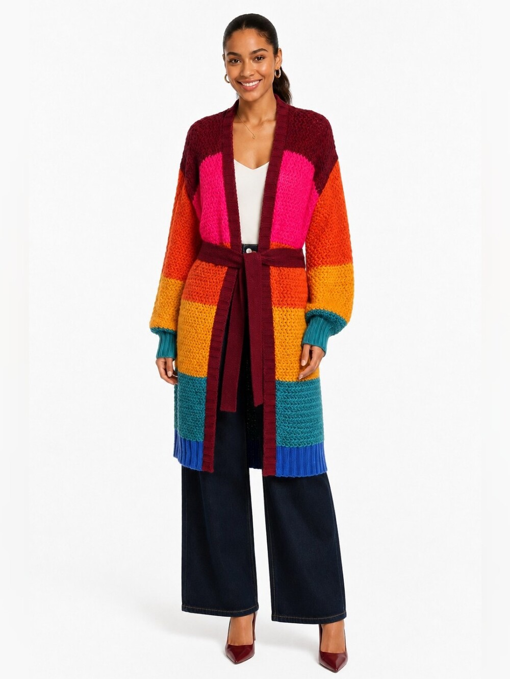 FARM Rio Multicolor Striped Long Belted Cardigan Sweater Wool Blend NWT S